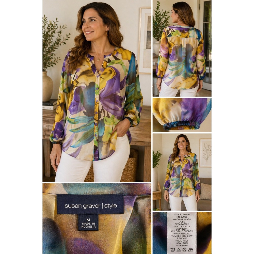 Susan Graver Style Womens Medium Floral Button Front Sheer Blouse Purple Yellow